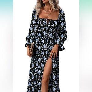 Blue Long Sleeve Ruffled Sundress for Wedding Guest